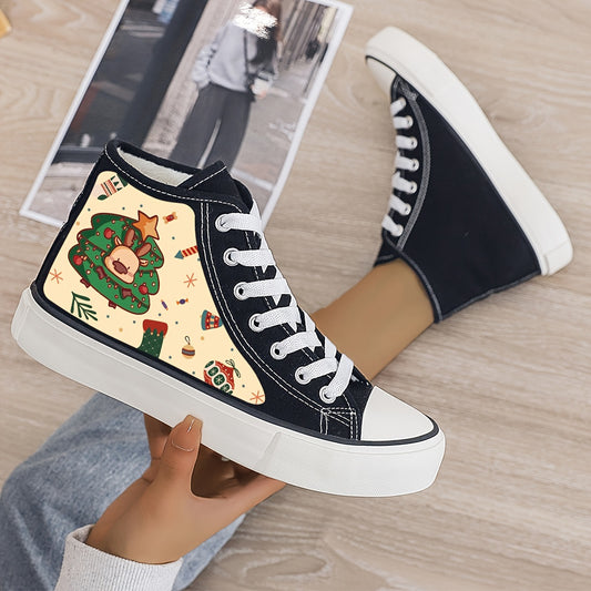 Cute Christmas Tree Print Canvas Shoes: Stylish High Top Outdoor Shoes with Plush Lining for Women