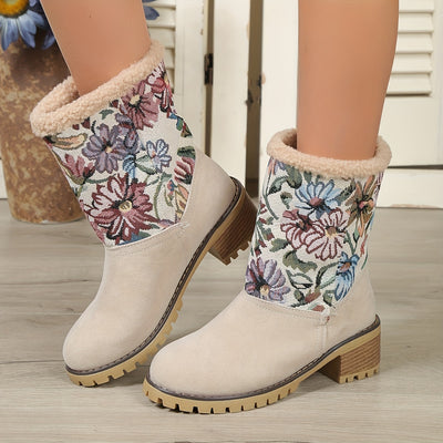 Womens Flower Pattern Chunky Heel Boots: Casual Slip-On Plush Lined Shoes for Comfortable Winter Style