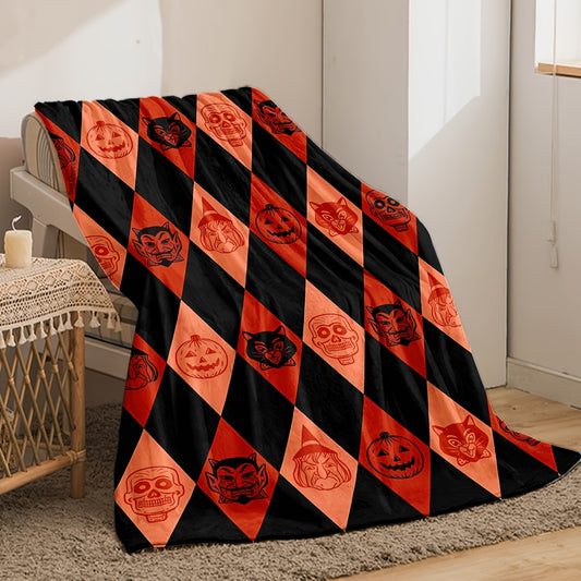 Cozy and Festive: Halloween Cartoon Pumpkin and Skull Blanket - A Versatile, Soft, and Warm Throw Blanket for Couch, Sofa, Office, Bed, Camping, and Travel - Perfect Multi-Purpose Blanket for All Seasons