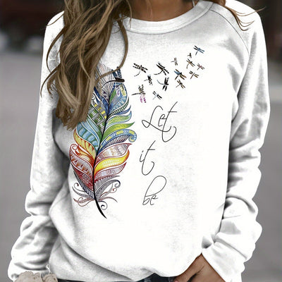 Feather Slogan Print Sweatshirt: A Stylish Plus-Size Casual Wear for Women