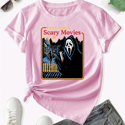 Horrific Halloween Crew Neck T-Shirt: Unleash Your Spooky Side this Halloween with our Casual Short Sleeve T-Shirt for Women