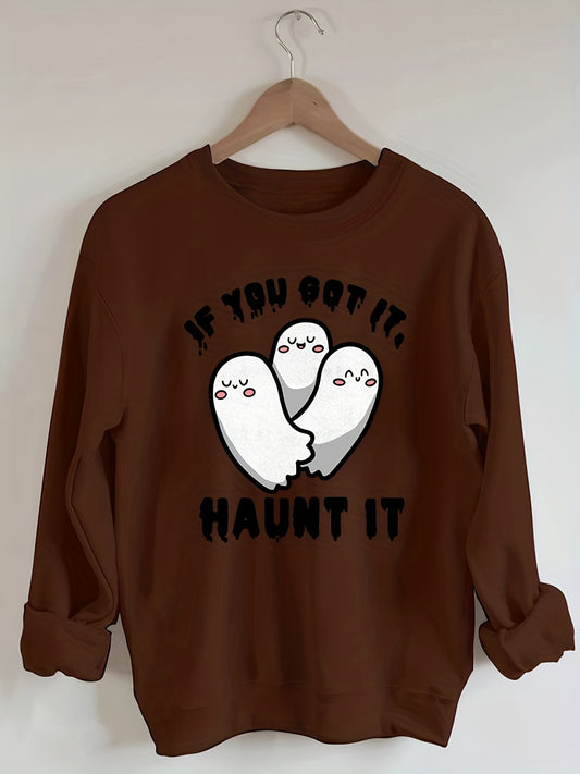 Cute Ghost Print Sweatshirt: Spooktacular Style for Plus-Size Halloween Enthusiasts