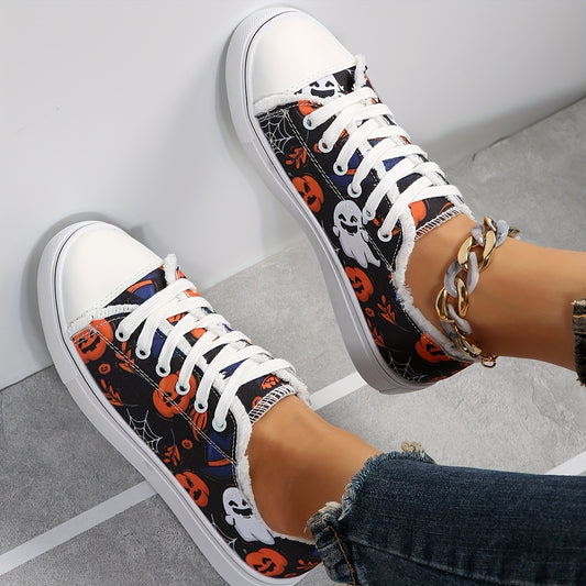 Halloween Ghost and Pumpkin Pattern Women's Canvas Shoes - Lightweight, Comfortable, and Stylish