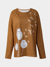 Dandelion Dream: Cute Cat Print Sweatshirt - Casual and Comfy Crew Neck Long Sleeve Top for Women