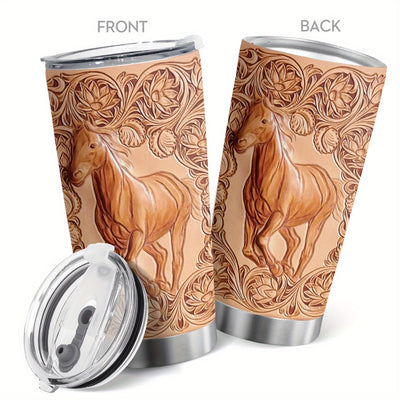 20oz Imitation Wood Carved Lotus and Horse Vacuum Travel Mug - Keeps Drinks Hot & Cold for Hours!