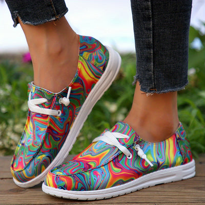 Stylish Marble Colorful Women's Canvas Sneakers - Comfortable Low Top Slip-On Flat Shoes for Casual Walking