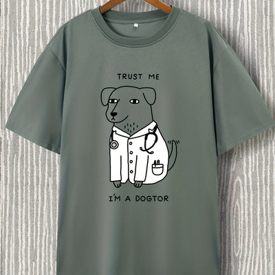 I'm A Dogtor Men's Summer Outdoor Casual T-Shirt: Cartoon Dog Design, Comfortable Stretch, Crew Neck Tee, Short Sleeve Graphic Stylish Clothing