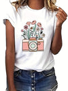 Color Flower and Camera Print Crew Neck T-Shirt: A Stylish Spring/Summer Essential for Women's Fashion
