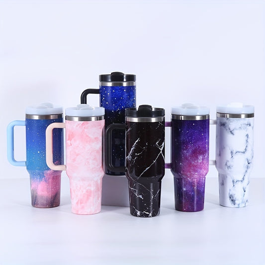 This 40 oz Galaxy Sky Pattern Tumbler is perfect for everyday use and makes a great birthday gift. The sleek design features a lid and handle for easy storage and transport. With its unique pattern, it makes a stylish addition to any home or kitchen.