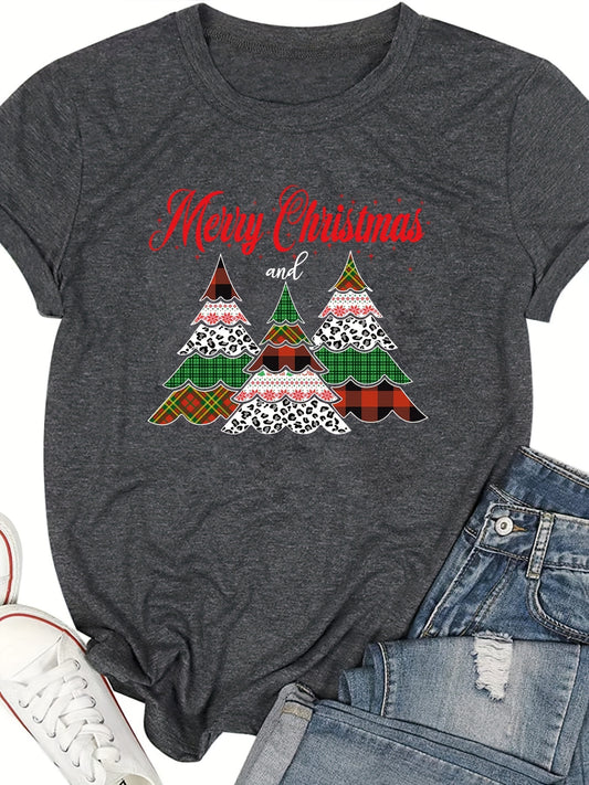Festive Delight: Colorful Christmas Tree Print Crew Neck T-Shirt