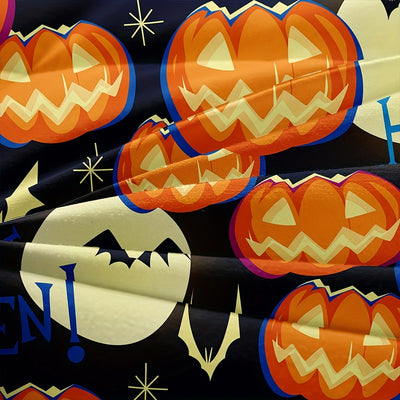 Spooktacular Dreams: Halloween-Themed Duvet Cover Set - Moon, Pumpkin, and Bat Design for Festive Bedroom Decor(1*Duvet Cover + 2*Pillowcases, Without Core)