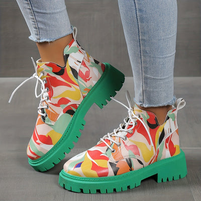 Women's Vibrant Print Boots: Lace-up Platform Casual Hiking Shoes for Versatile, Cool & Trendy Style