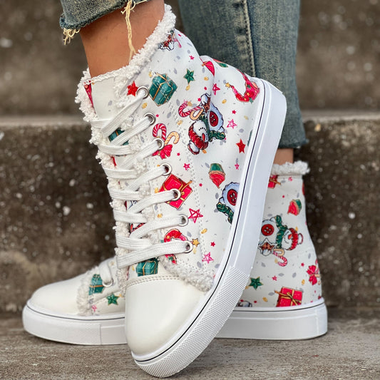 These festive and stylish high-top canvas shoes will brighten up any look. Crafted from soft, breathable canvas, they provide exceptional comfort and long-lasting durability. Featuring a festive Christmas print, they make a great addition to your seasonal wardrobe.