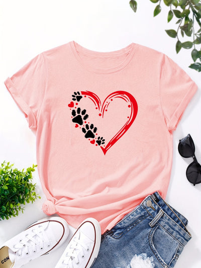 Dog Paw and Red Heart Print T-Shirt, Short Sleeve Crew Neck Casual Top For Spring & Summer, Women's Clothing