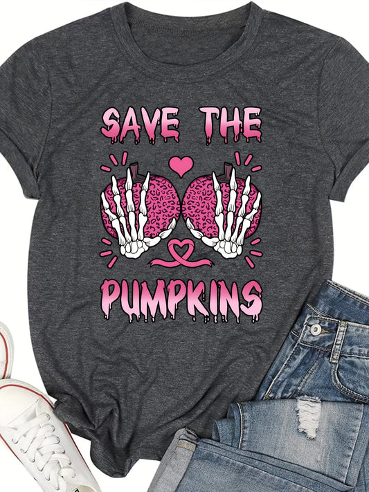 Fun Chic: Halloween Pumpkin Skull Print Tee for Women - Casual & Stylish Short Sleeve Crew Neck T-Shirt