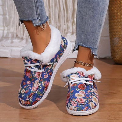 Women's Floral Print Plush Canvas Winter Snow Shoes: Cozy, Stylish, and Warm!