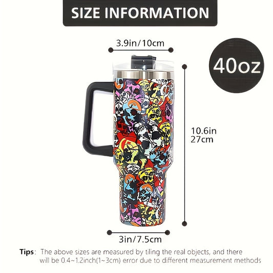 40oz Skull Colorful Tumbler: 304 Stainless Steel, Vacuum Insulated, Portable Car Cup Tumbler With Handle & Straw - The Perfect Gift for Any Occasion!