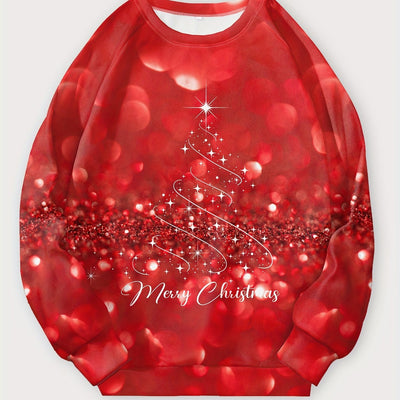 Glittering Festive Charm: Women's Plus Size Christmas Casual Sweatshirt with Glitter Christmas Tree Slogan Print