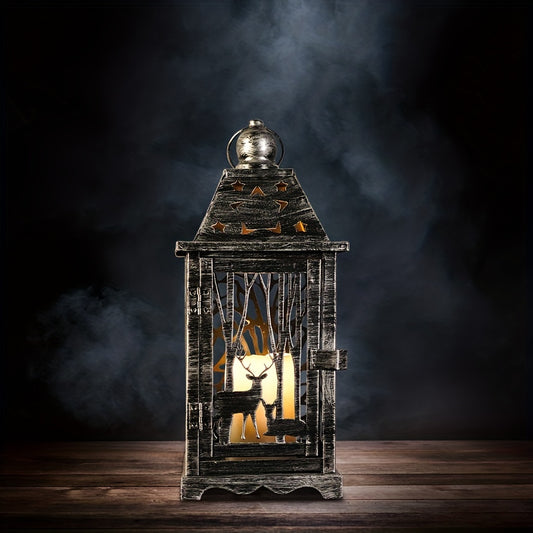 Add a touch of gothic elegance to your Halloween room decor with our Elk Candle Holder. Crafted with wrought iron, this lantern decoration features an intricate elk design. Perfect for creating a cozy and creepy ambiance. (Candles not included)