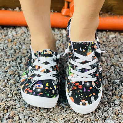 Women's Colorful Halloween Pattern Shoes, Low-top Round Toe Lightweight Flat Canvas Shoes, Comfy Halloween Daily Shoes