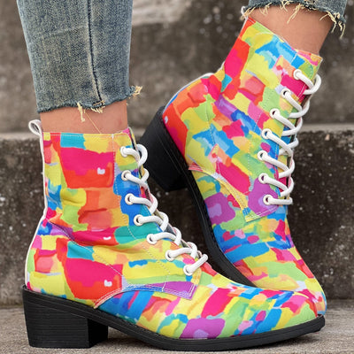 Women's Colorful Chunky Heel Short Boots: Fashionable and Comfortable Lace-up Canvas Shoes for Stylish Ankles