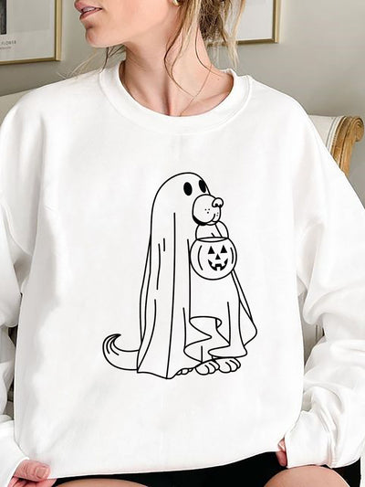 Pumpkin-themed Women's Casual Sporty Sweatshirt with Long Sleeve Round Neck - Perfect for Halloween!