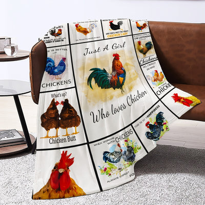 Cozy Rooster and Just a Girl Letter Printed Flannel Throw Blanket: Enhance Your Comfort on Couch, Bed, Sofa, Car, Camping, and Travelling