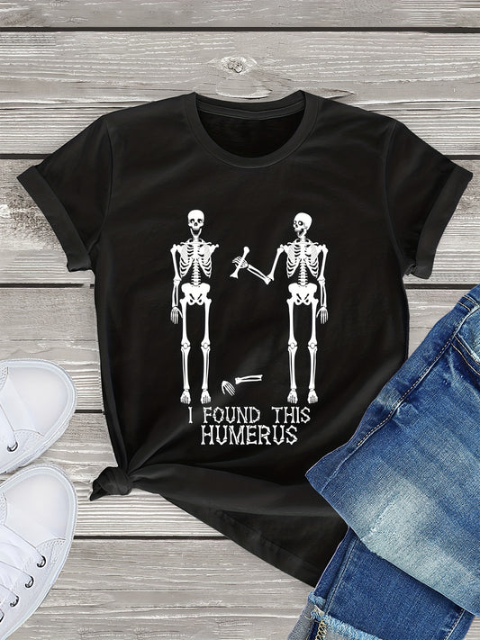 Add a unique touch to your wardrobe with this Skeleton Design Print Crew Neck T-Shirt. This casual short sleeve top is perfect for warm weather days, featuring a fashion-forward skeleton design for an eye-catching look. Crafted from high-quality materials, the T-shirt is sure to keep you comfortable during the Spring and Summer months.