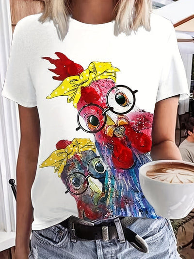 Cartoon Chicken Delight: Women's Casual Short Sleeve T-shirt with Quirky Print for Spring/Summer