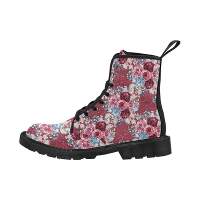 Floral Seamless Pattern Boots, Burgundy Navy Floral Martin Boots for Women
