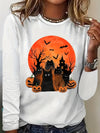 Playful Purr-fection: Halloween Cat Pattern Crew Neck T-shirt - The Ultimate Casual Long Sleeve for Fall