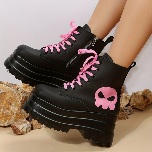 These unique Ghost-Face Print Combat Boots are a bold statement piece, perfect for adding a fashion-forward look to any outfit. Highlighted by a platform sole and lace-up closure, these boots will stand out in any wardrobe.