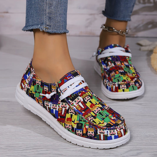 Womens Casual Canvas Shoes: Nutcracker Cartoon Pattern Flat Sneakers – Comfortable and Stylish Low Top Walking Shoes