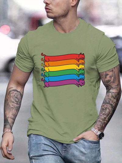 Rainbow Style Cartoon Cats Pattern Print Men's Comfy T-Shirt: Graphic Tee for Men's Summer Outdoor Clothing and Tops