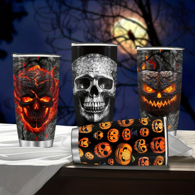 Spooky Delights: Halloween Skull Pumpkin Coffee Tumbler - Cold Insulated Coffee Cups for All-Season Sipping - 20oz Stainless Steel Travel Mug with Lid - Ideal Gifts for Skull Lovers and Friends