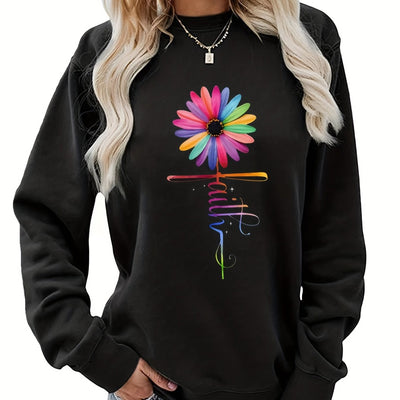 Faith & Colorfull Flower Print Sweatshirt, Casual Long Sleeve Crew Neck Sweatshirt For Fall & Winter, Women's Clothing