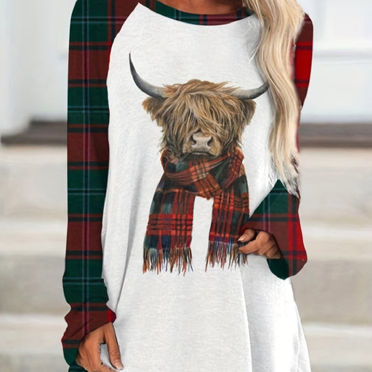 Comfy and Trendy: Women's Plus Size Colorblock Plaid Cow Print T-Shirt with Long Sleeves
