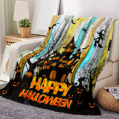 Halloween Elements Blanket: Cozy Up with Dark Castle, Pumpkin, Witch, and Bat Print Flannel Blanket - Perfect for Couch, Sofa, Office, Bed, Camping, and Traveling