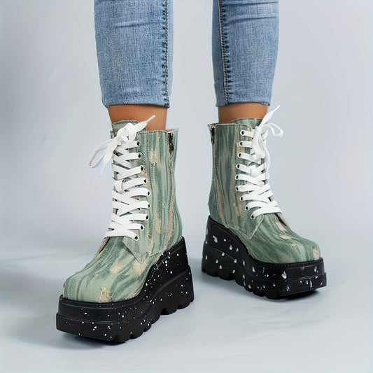 Stay on trend with these denim wedge boots. Every inch of these stylish boots feature a ripped detail and platform with a classic lace-up finish. Elevate your wardrobe with these chic and edgy boots.