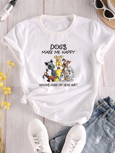 Casual and Trendy: Cartoon Dog Print Crew Neck T-Shirt for Fashionable Summer Looks