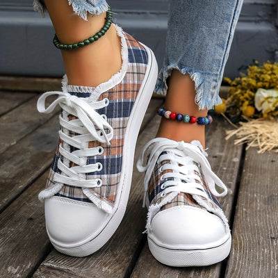 Stylish and Comfortable Women's Plaid Pattern Canvas Shoes: Casual Lace-Up Outdoor Sneakers for Lightweight, Low-Top Fashion