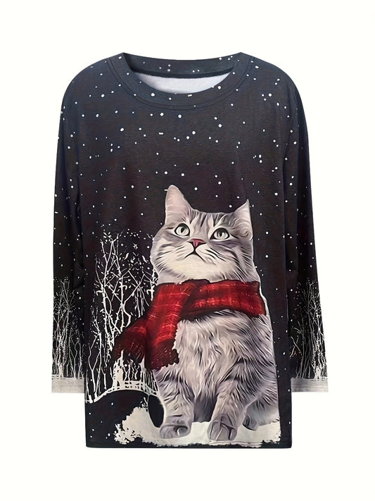 Experience the perfect balance of style and comfort with our Snowflake Cat Print Plus Size Christmas Sweatshirt. Featuring an adorable snowflake cat print, this sweatshirt is designed specifically for women, providing the perfect fit and added convenience. Stay cozy and stylish this holiday season with our must-have sweatshirt.