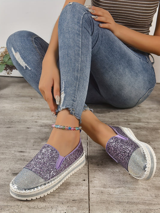Sparkle and Shine in These Rhinestone Glitter Loafers: The Perfect Fashionable and Comfortable Slip-On Shoes for Women