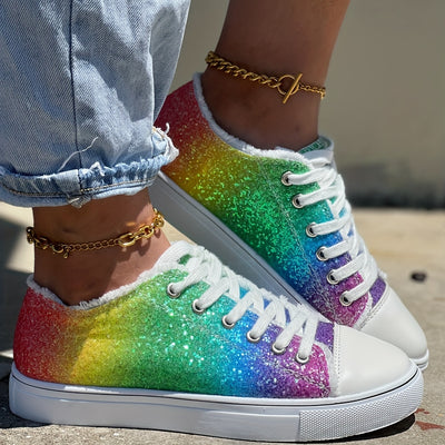 Canvas Shoes for Women with Glitter Rainbow - Stylish and Comfortable Low Top Shoes for Outdoor Activities