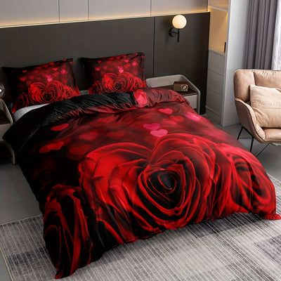 Love Rose Print Duvet Cover Set: Soft and Comfortable Bedding for Bedroom and Guest Room(1*Duvet Cover + 2*Pillowcases, Without Core)