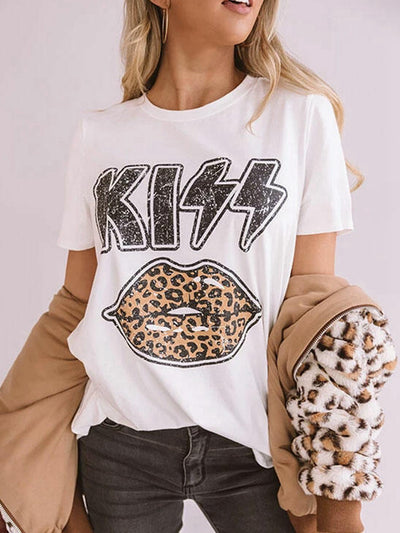 Vintage Leopard Lips Print T-shirt, Retro Short Sleeve Crew Neck T-shirt, Casual Every Day Tops, Women's Clothing