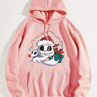 Festive Fun: Christmas Cartoon Pattern Hoodie - Women's Casual Drawstring Hooded Sweatshirt for Winter/Fall