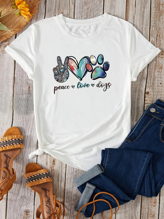 This 'Peace Love Dogs' Colorful Letter T-Shirt is perfect for everyday wear. The short sleeve and crew neck make it comfortable and stylish. With a unique blend of colors and letters, this shirt makes a bold statement while remaining casual. It's the ideal addition to any wardrobe.