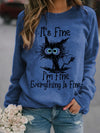 I'm Fine, It's Fine and Cartoon Cat Print Sweatshirt, Long Sleeve Crew Neck Casual Sweatshirt For Winter & Fall, Women's Clothing