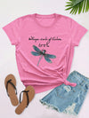 Colorful Dragonfly & Letter T-Shirt, Cute Cartoon Short Sleeve Crew Neck Shirt, Casual Every Day Tops, Women's Clothing